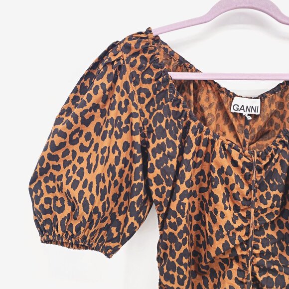 Ganni Cheetah Printed U-neck Ruched Mini Dress EU 40 - Picture 5 of 14